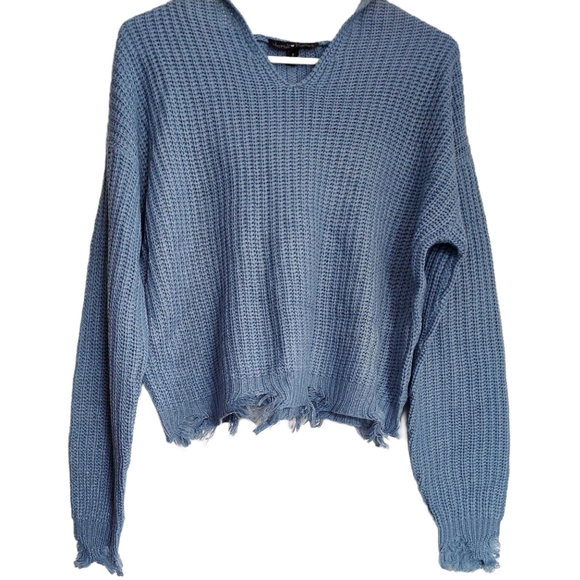 NWT Light Blue Distressed Hooded Sweater - Picture 7 of 9